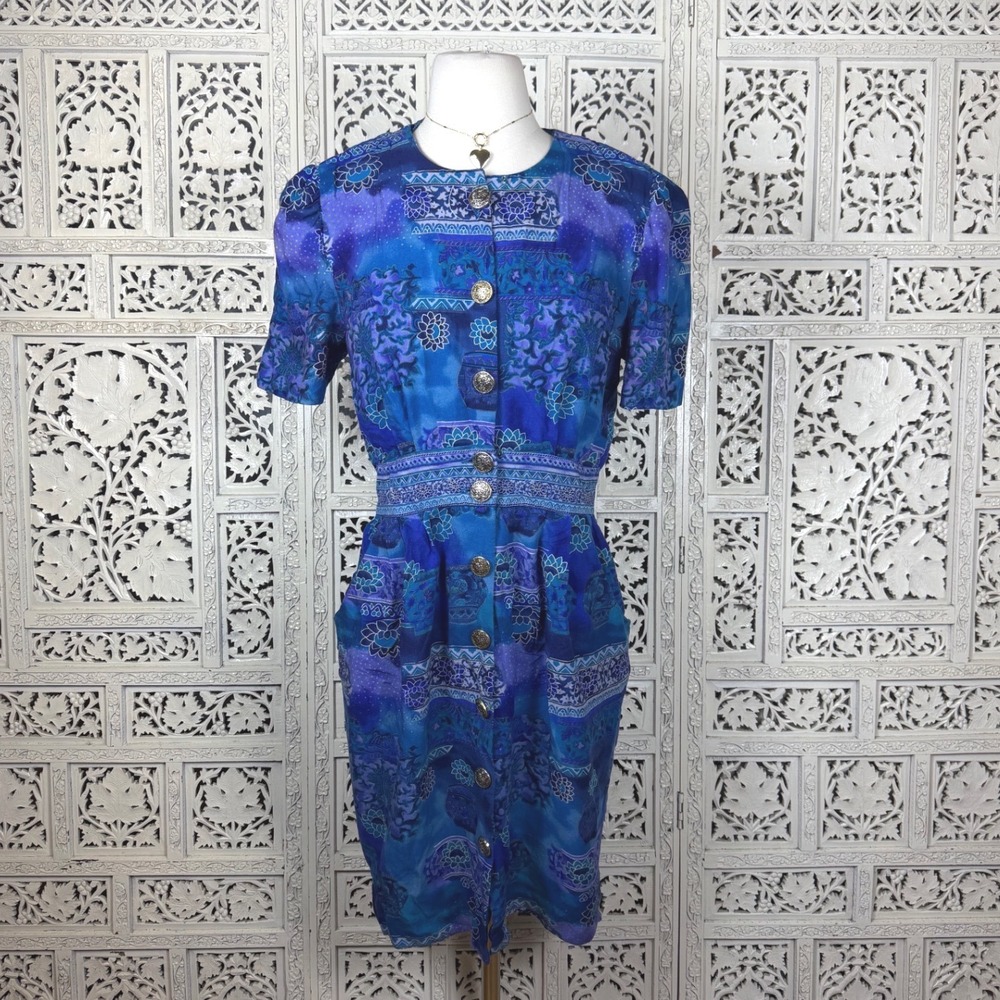 Vtg Blue & Green Retro Button Up Dress Sz M 80's Indie‎ Preppy Casual
